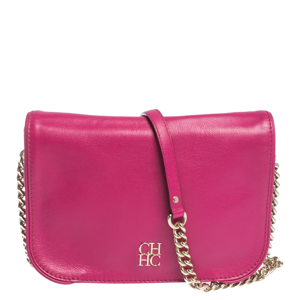 Pre Owned Carolina Herrera Magenta Leather Flap Shoulder Bag