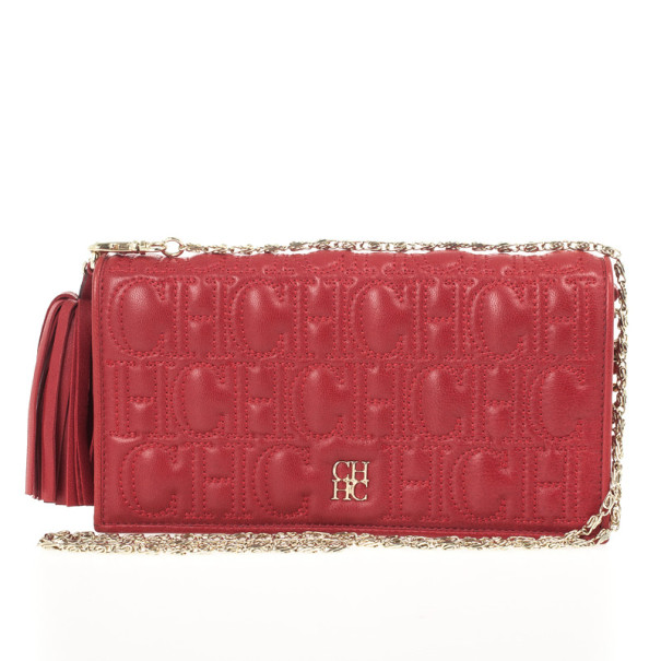 Carolina Herrera Red Leather Embossed Tassel Chain Clutch Carolina Herrera