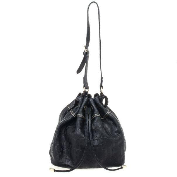 Pre Owned Carolina Herrera Black Embossed Logo Drawstring Shoulder Bag