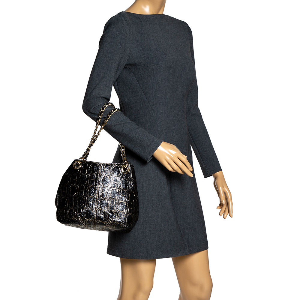 

Carolina Herrera Black/Gold Monogram Patent Leather Chain Shoulder Bag