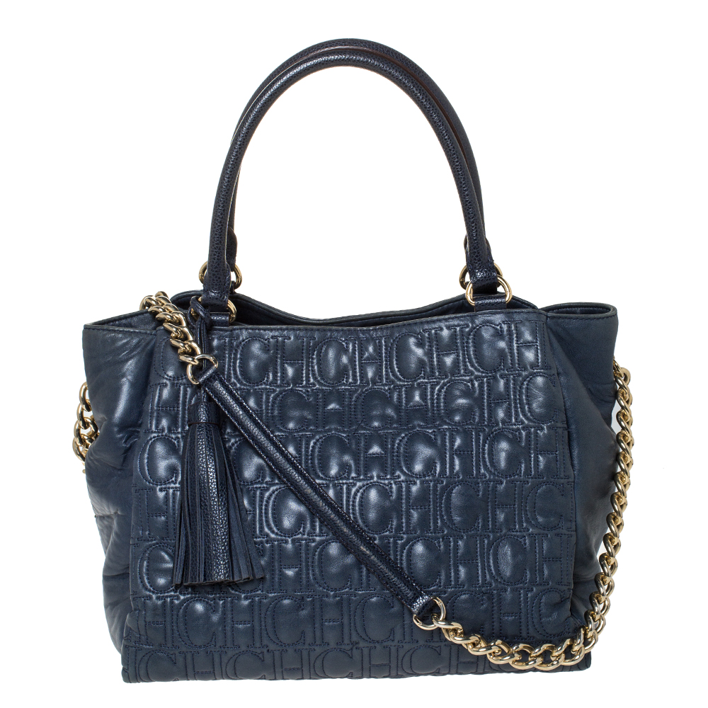 Pre Owned Carolina Herrera Blue Monogram Leather Tote