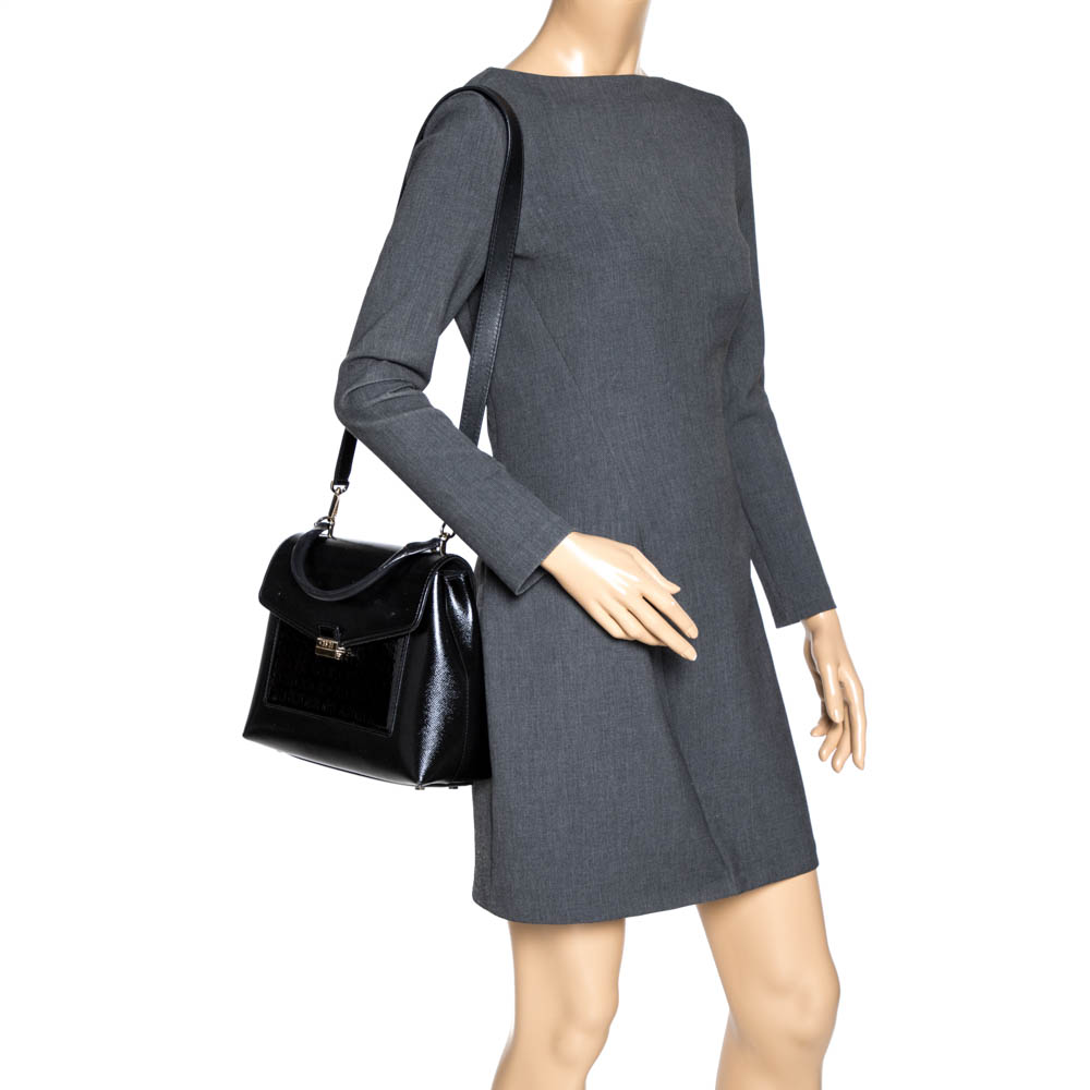 

Carolina Herrera Black Monogram Patent Leather Push Lock Top Handle Bag