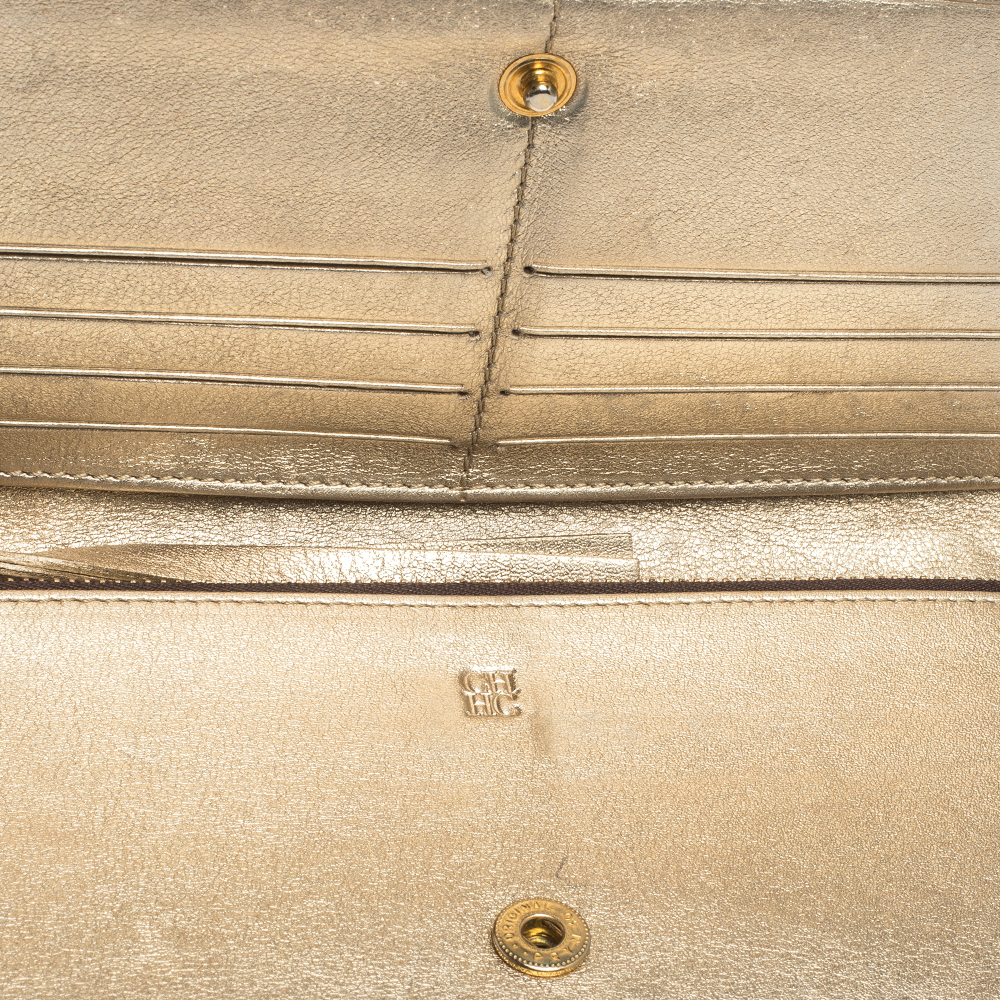 

Carolina Herrera Metallic Gold Floral Embossed Leather Bifold Continental Wallet