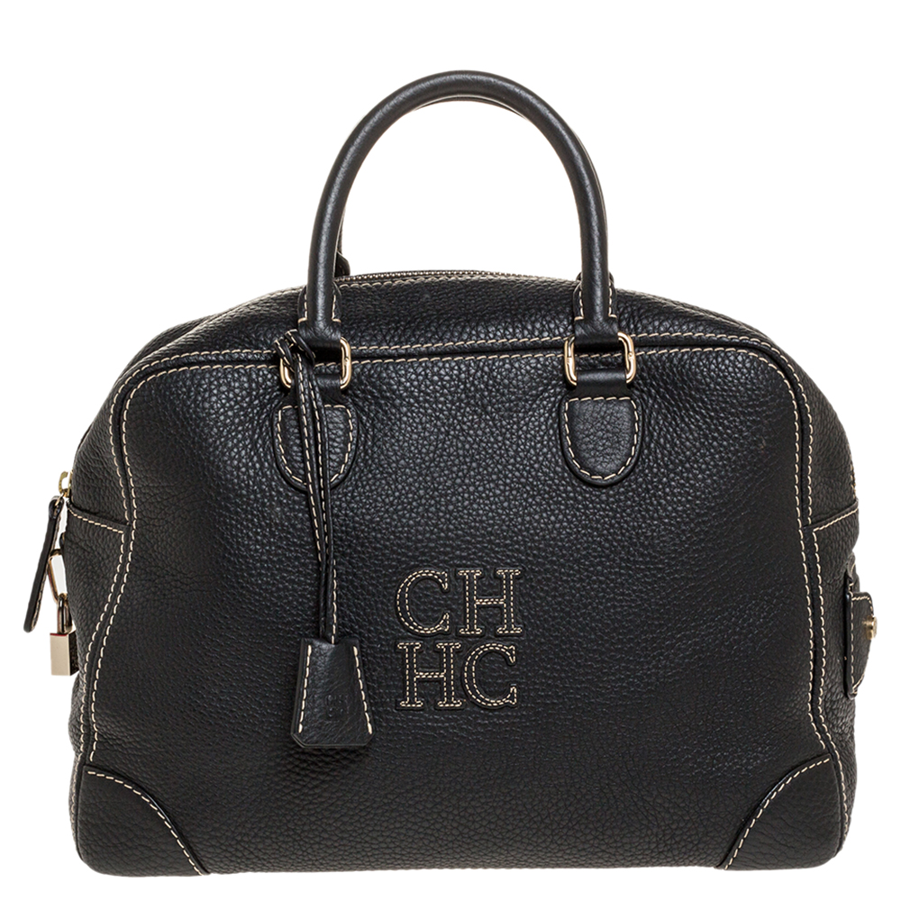 Pre Owned Carolina Herrera Black Leather Logo Bowler Bag