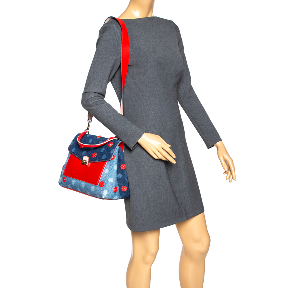 

Carolina Herrera Blue/Red Polka Dot Denim and Leather Flap Top Handle Bag
