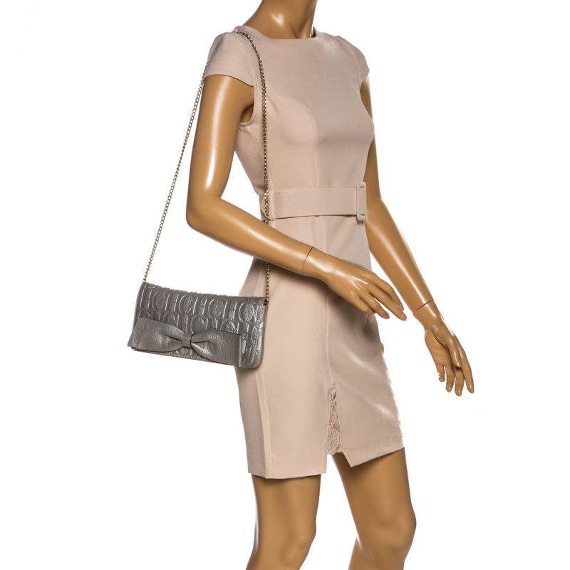 

Carolina Herrera Silver Monogram Leather Bow Chain Clutch