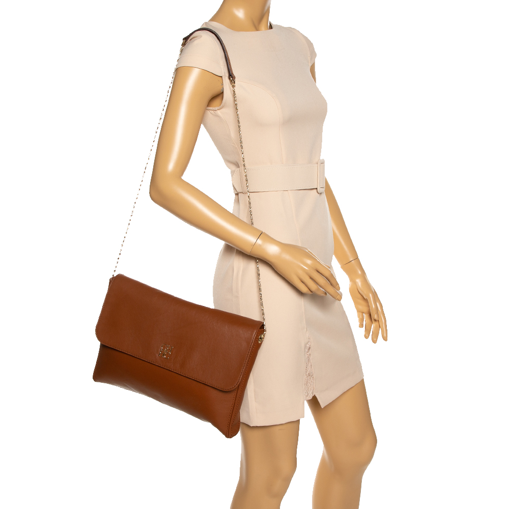 

Carolina Herrera Brown Leather Logo Flap Chan Shoulder Bag