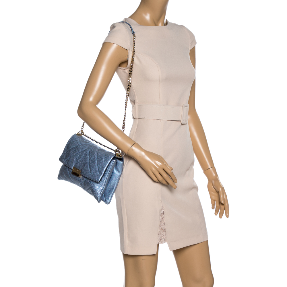 

Carolina Herrera Metallic Blue Leather Flap Shoulder Bag