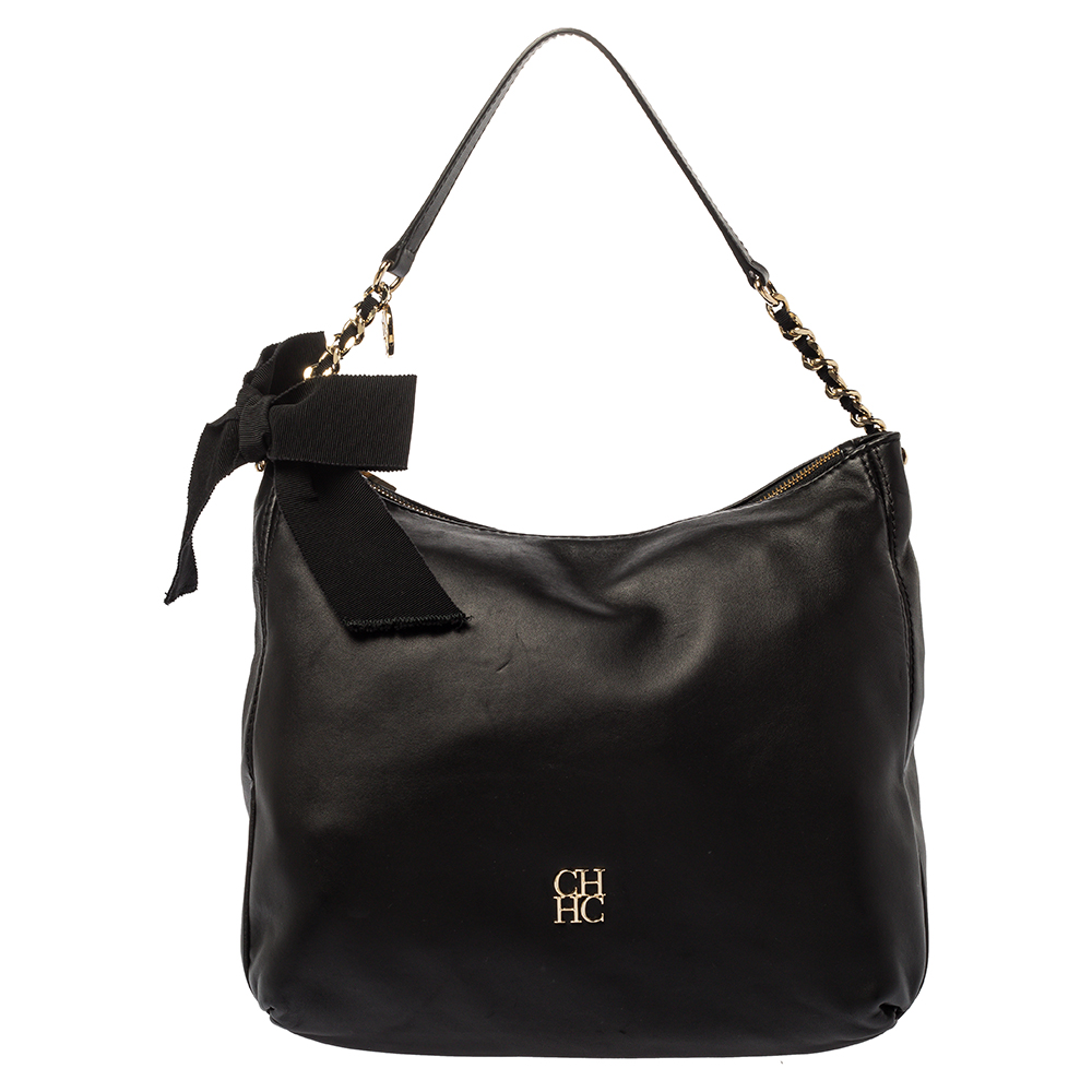Pre Owned Carolina Herrera Black Leather Bow Zip Hobo