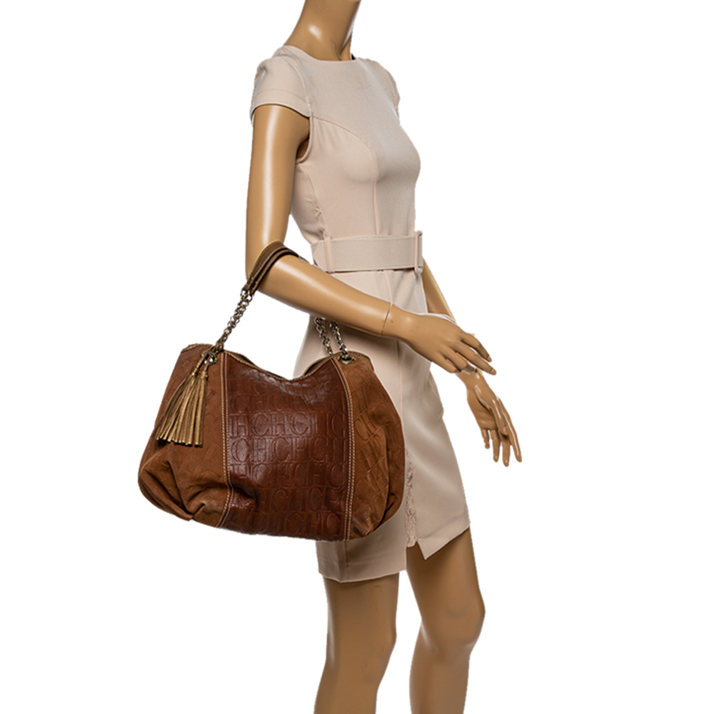 

Carolina Herrera Brown Monogram Suede and Leather Chain Hobo
