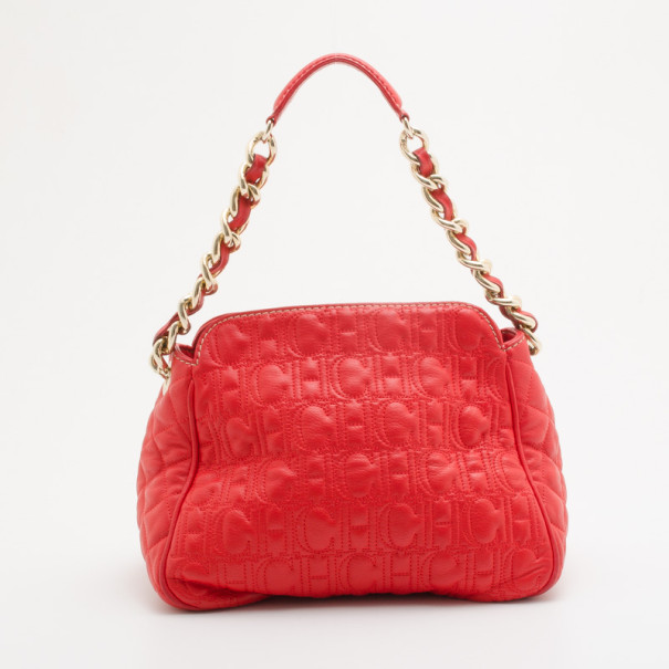 Pre Owned Carolina Herrera Red Embossed Leather Shoulder Bag