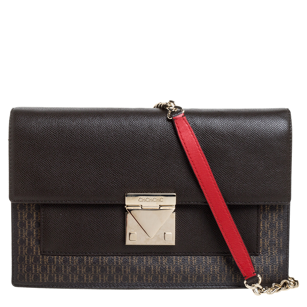 Pre Owned Carolina Herrera Dark Brown Signature Coated Canvas and Leather Carry on Bag