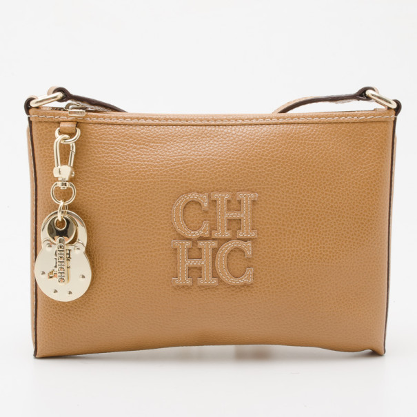 Pre Owned Carolina Herrera Tan Leather Logo CH Crossbody