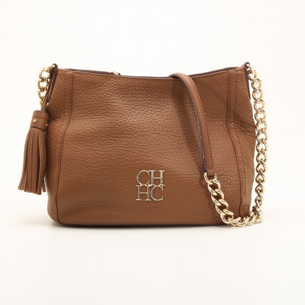 Pre Owned Carolina Herrera Brown Pebbled Leather Bag