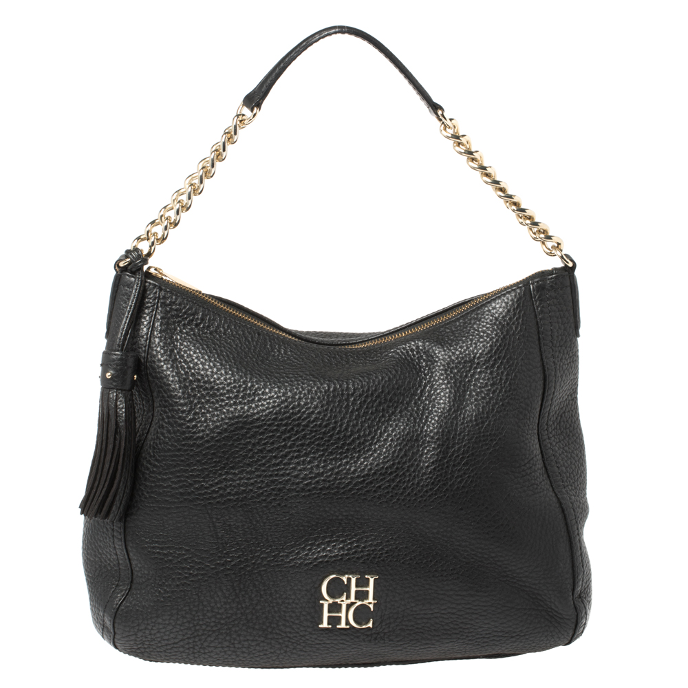 Pre Owned Carolina Herrera Black Leather Tassel Chain Hobo
