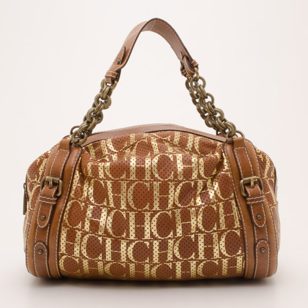 Carolina Herrera Brown and Gold Perforated Handbag  