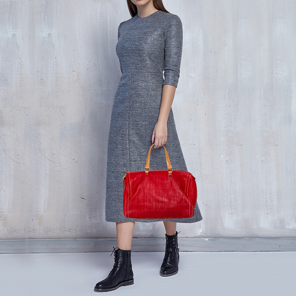 

Carolina Herrera Red Monogram Leather Large Andy Boston Bag