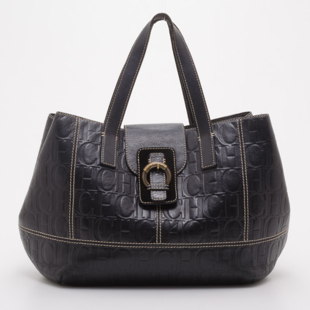 Pre Owned Carolina Herrera Black Monogram Embossed Tote 