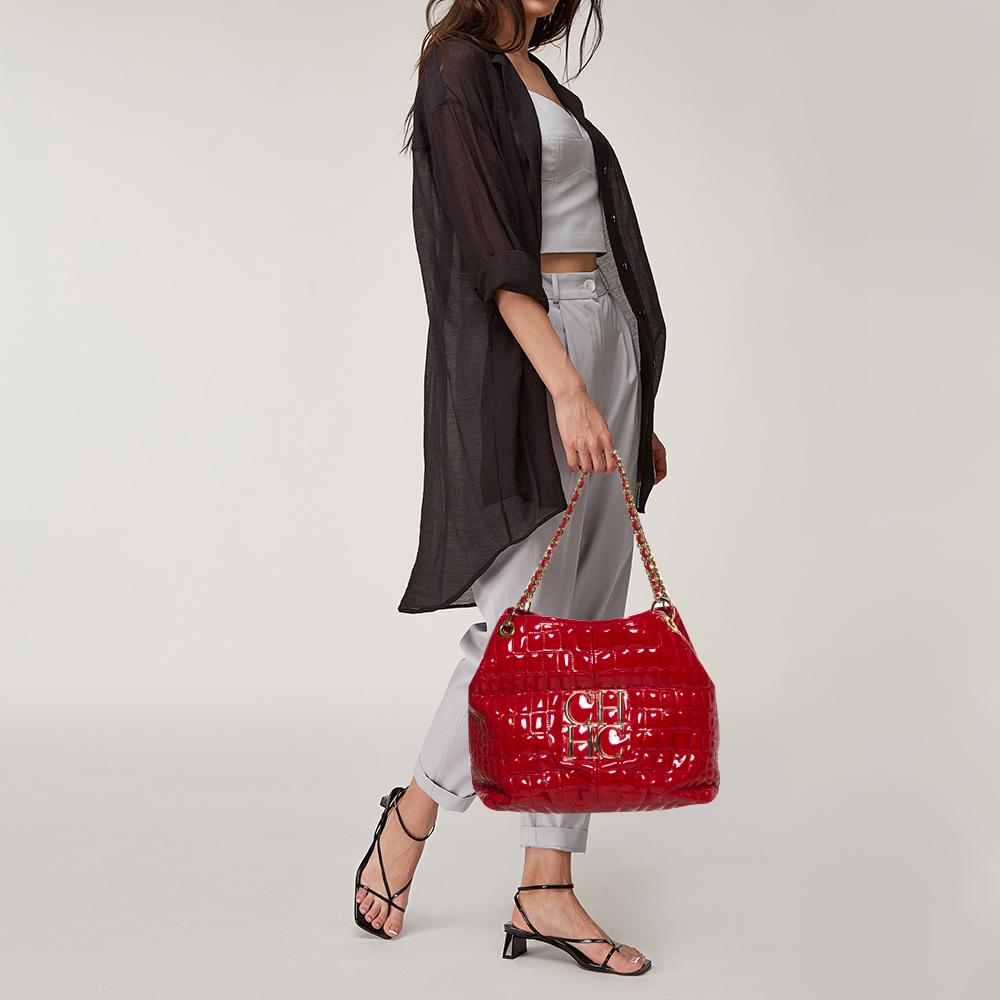 

Carolina Herrera Red Croc Embossed Patent Leather Logo Chain Shoulder Bag