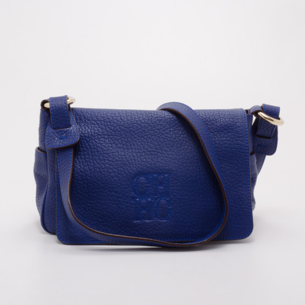 Pre Owned Carolina Herrera Blue Leather Messenger Bag 