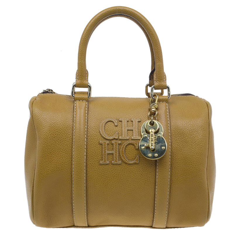 Pre Owned Carolina Herrera Camel Leahter Padlock Charm Boston Bag