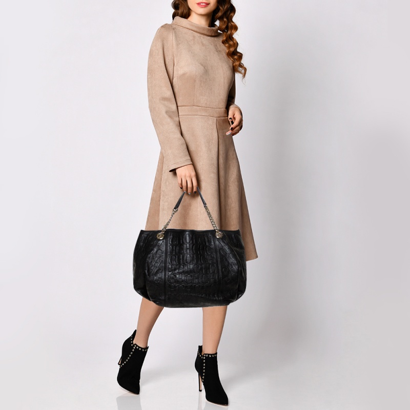 

Carolina Herrera Black Monogram Leather Chain Hobo