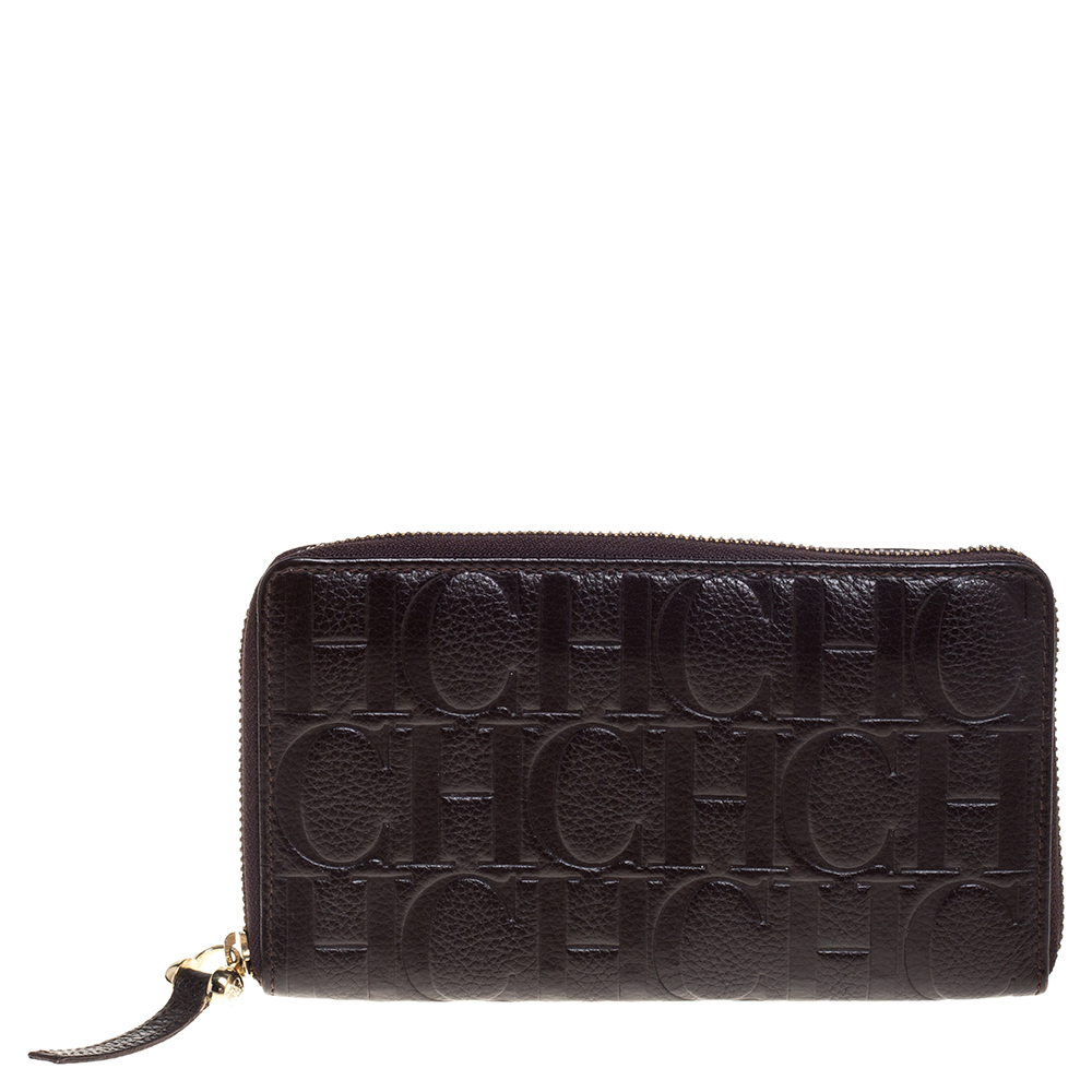 Pre-owned Carolina Herrera Brown Monogram Leather Zip Around Wallet