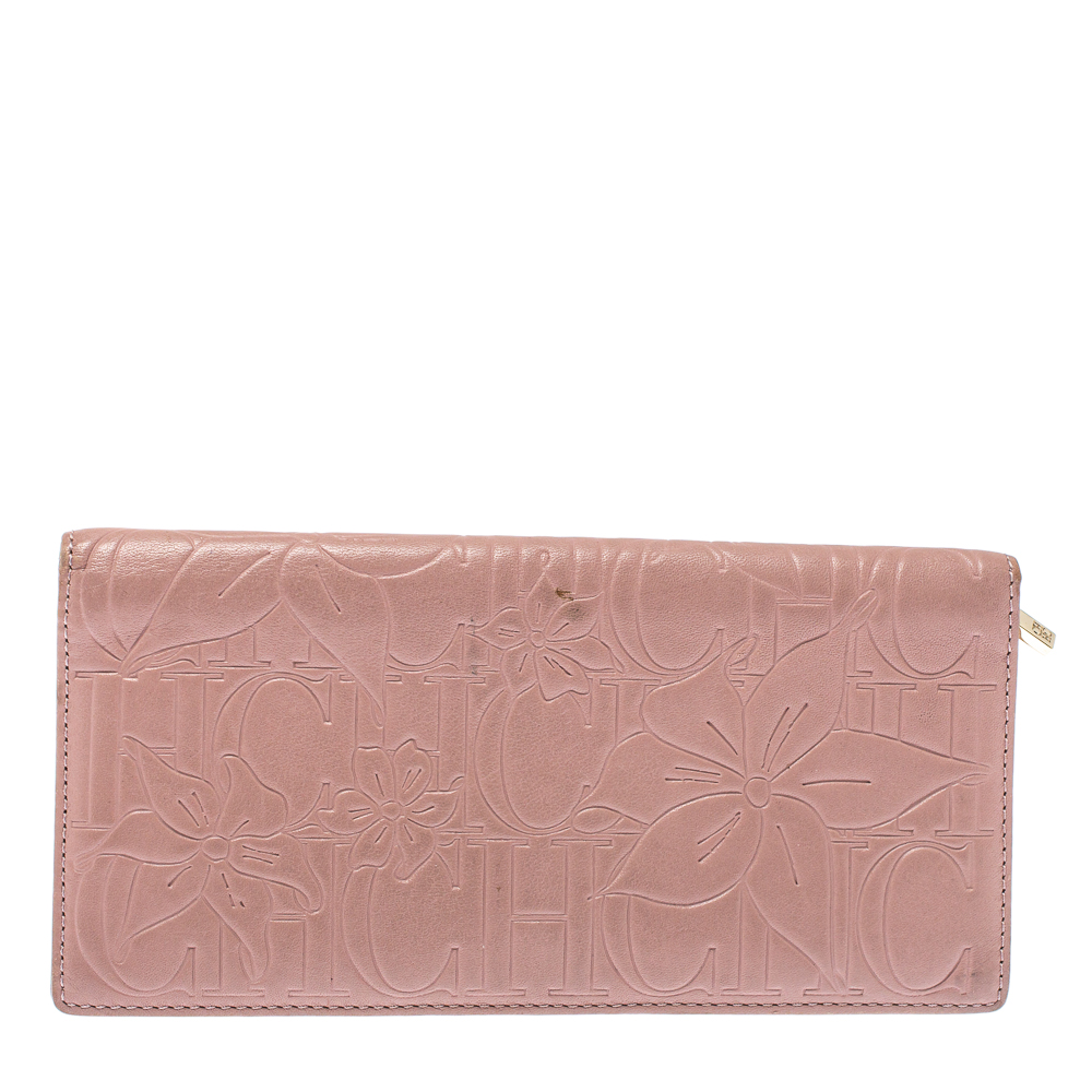 Pre-owned Carolina Herrera Pink Embossed Leather Continental Wallet