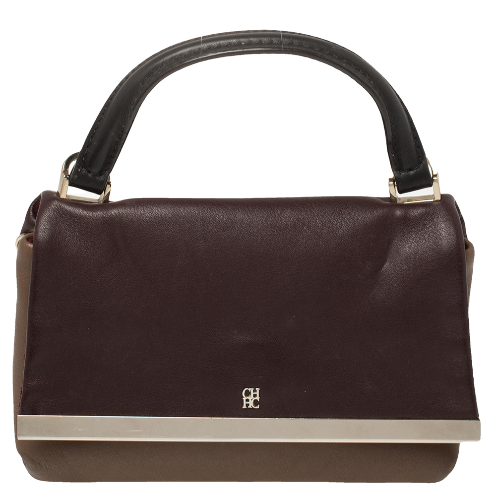 Pre-owned Carolina Herrera Bicolor Leather Top Handle Bag In Brown