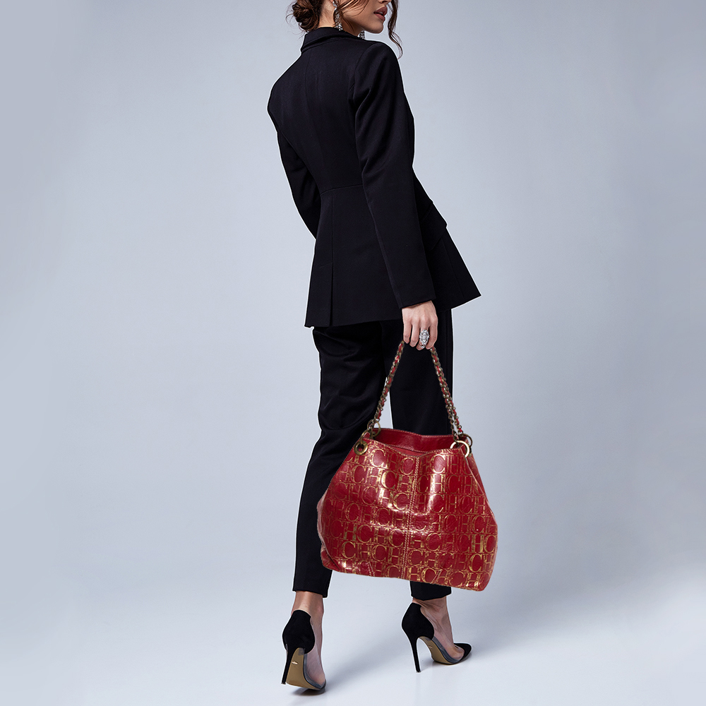 

Carolina Herrera Red/Gold Monogram Leather Chain Tote