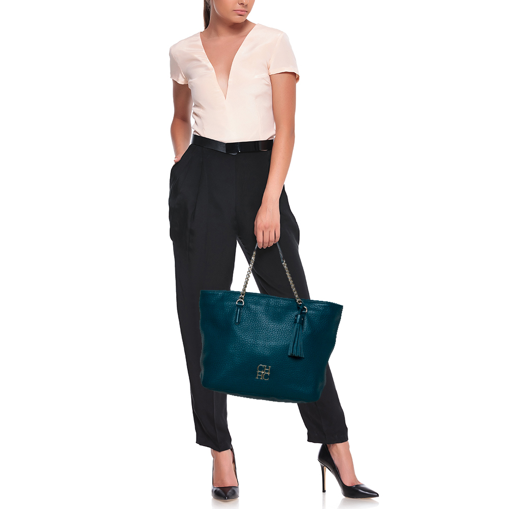 

Carolina Herrera Dark Green Leather Tassel Zip Tote