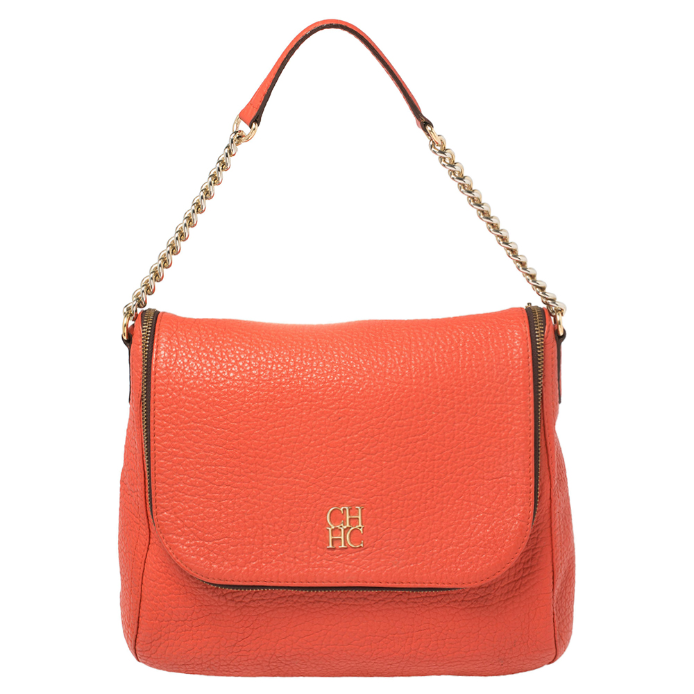 Pre-owned Carolina Herrera Orange Leather Zip Hobo