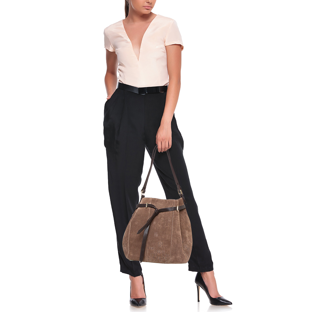 

Carolina Herrera Brown Embossed Suede and Leather Bow Bucket Bag
