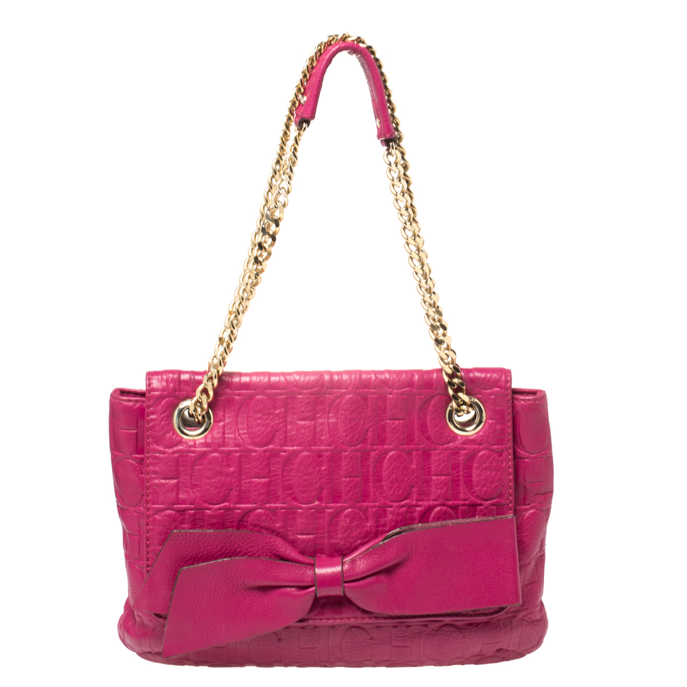 Pre-owned Carolina Herrera Fuchsia Monogram Leather Audrey