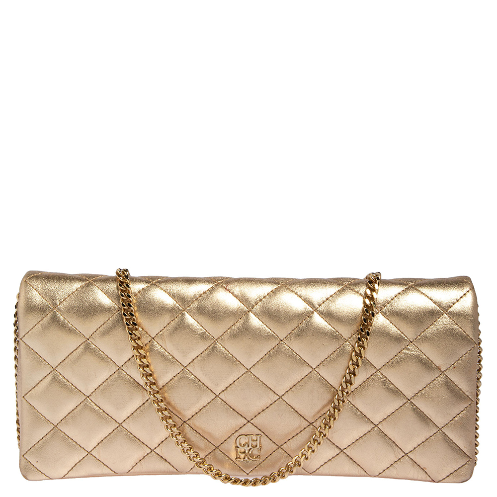 Pre-owned Carolina Herrera Metallic Gold Quilted Leather Flap