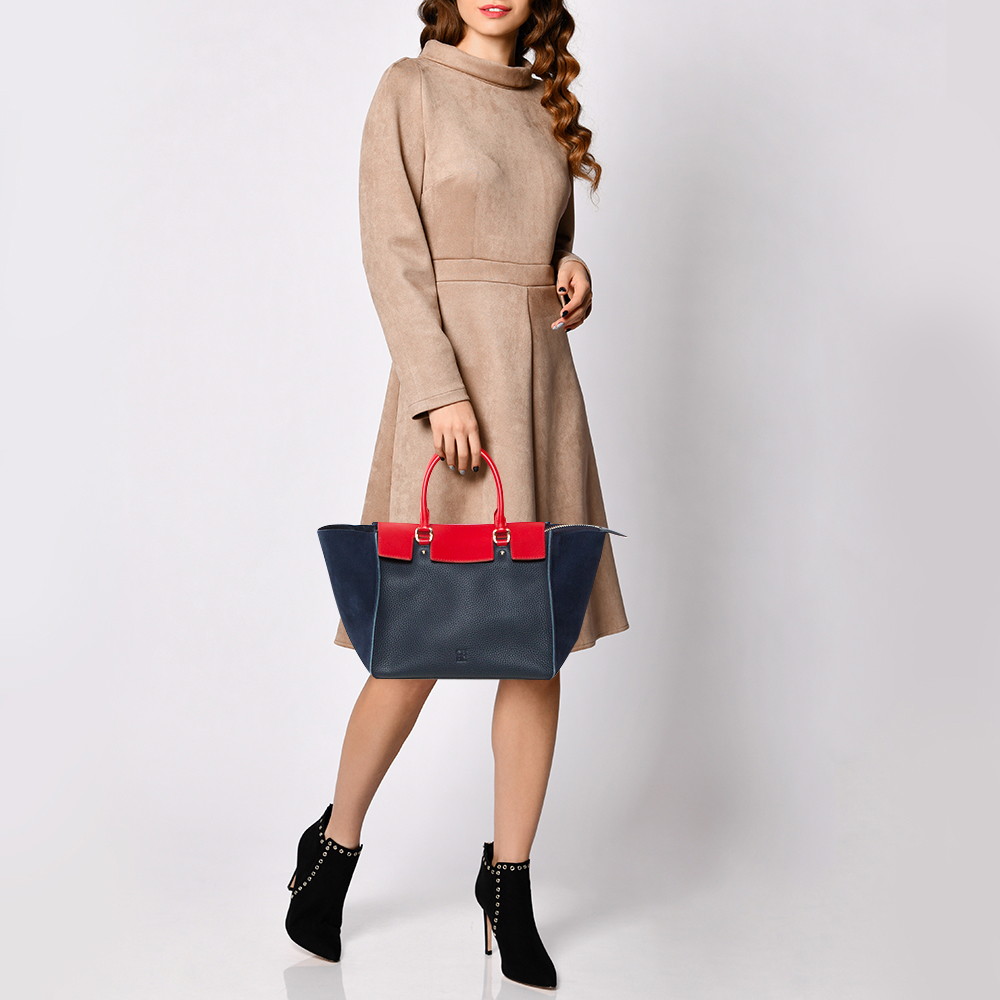 

Carolina Herrera Navy Blue/Red Nubuck and Leather Vendome Tote