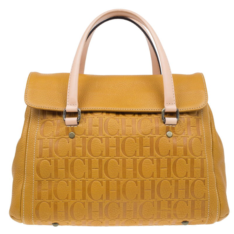 Pre Owned Carolina Herrera Tan Monogram Leather Satchel Bag