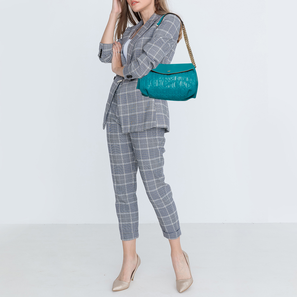 

Carolina Herrera Turquoise Monogram Leather Flap Shoulder Bag, Blue