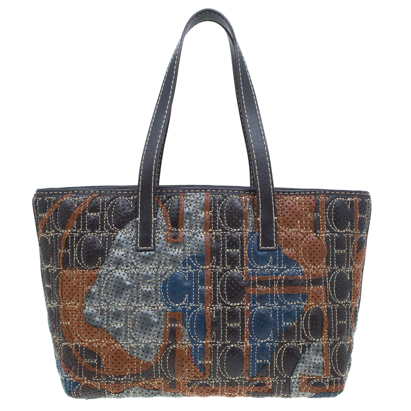 Carolina Herrera Multicolor Perforated Leather Tote Bag