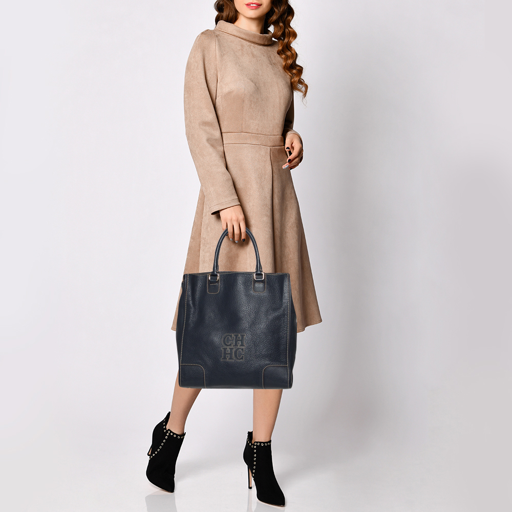 

Carolina Herrera Navy Blue Leather Shopper Tote