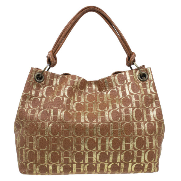 Pre Owned Carolina Herrera Brown Logo Leather Hobo