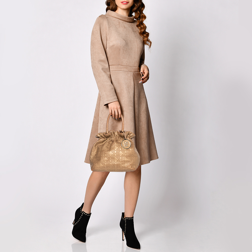 

Carolina Herrera Metallic Gold Monogram Leather Bucket Bag