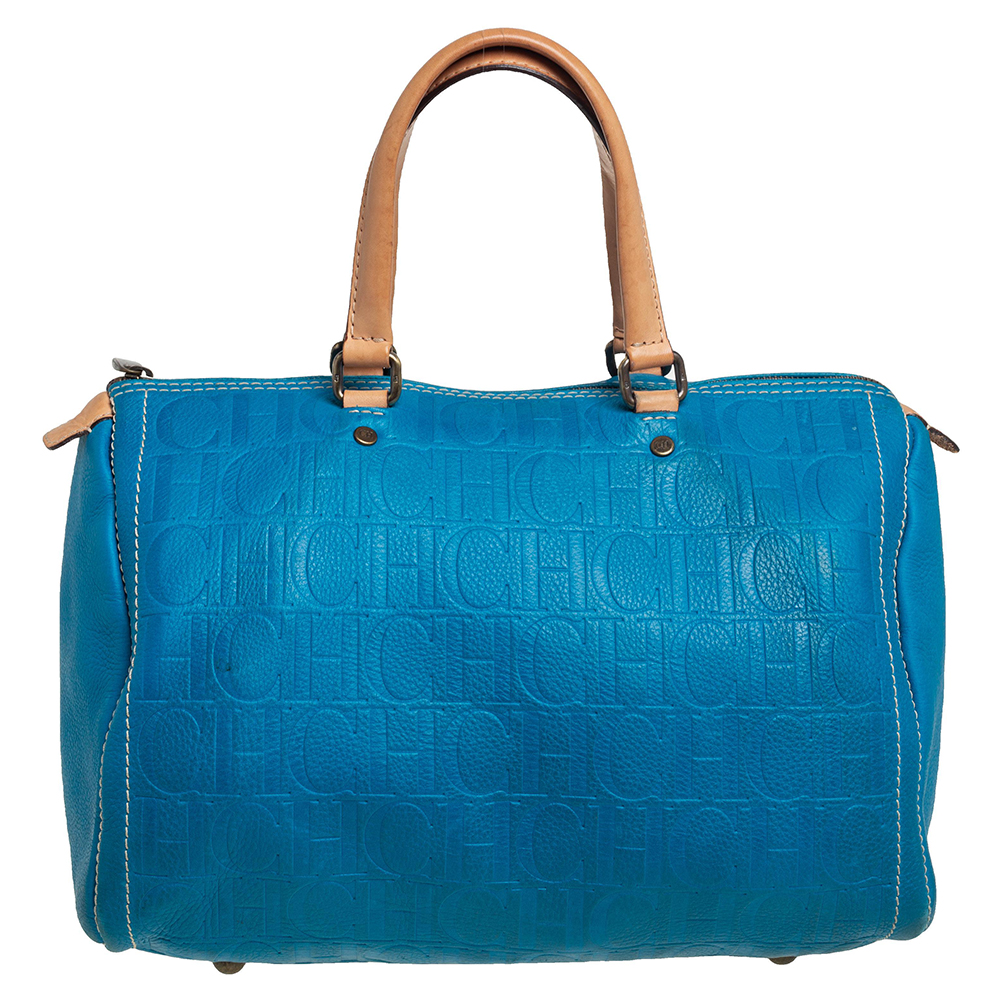 Pre Owned Carolina Herrera Turquoise Monogram Leather large Andy Boston Bag
