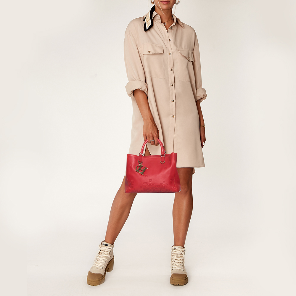 

Carolina Herrera Red Leather Logo Embossed Charm Tote