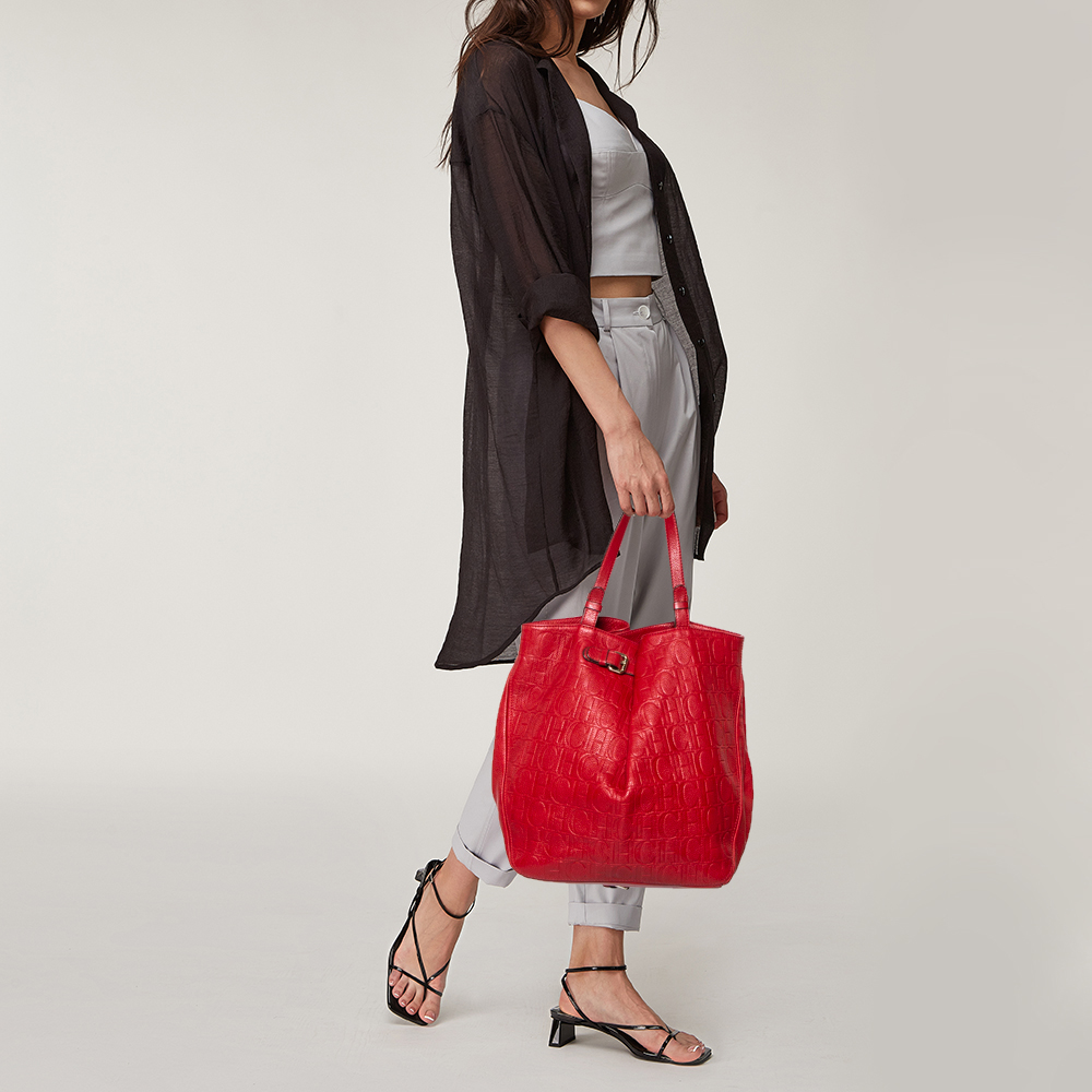 

Carolina Herrera Red Monogram Embossed Leather Matryoshka Tote