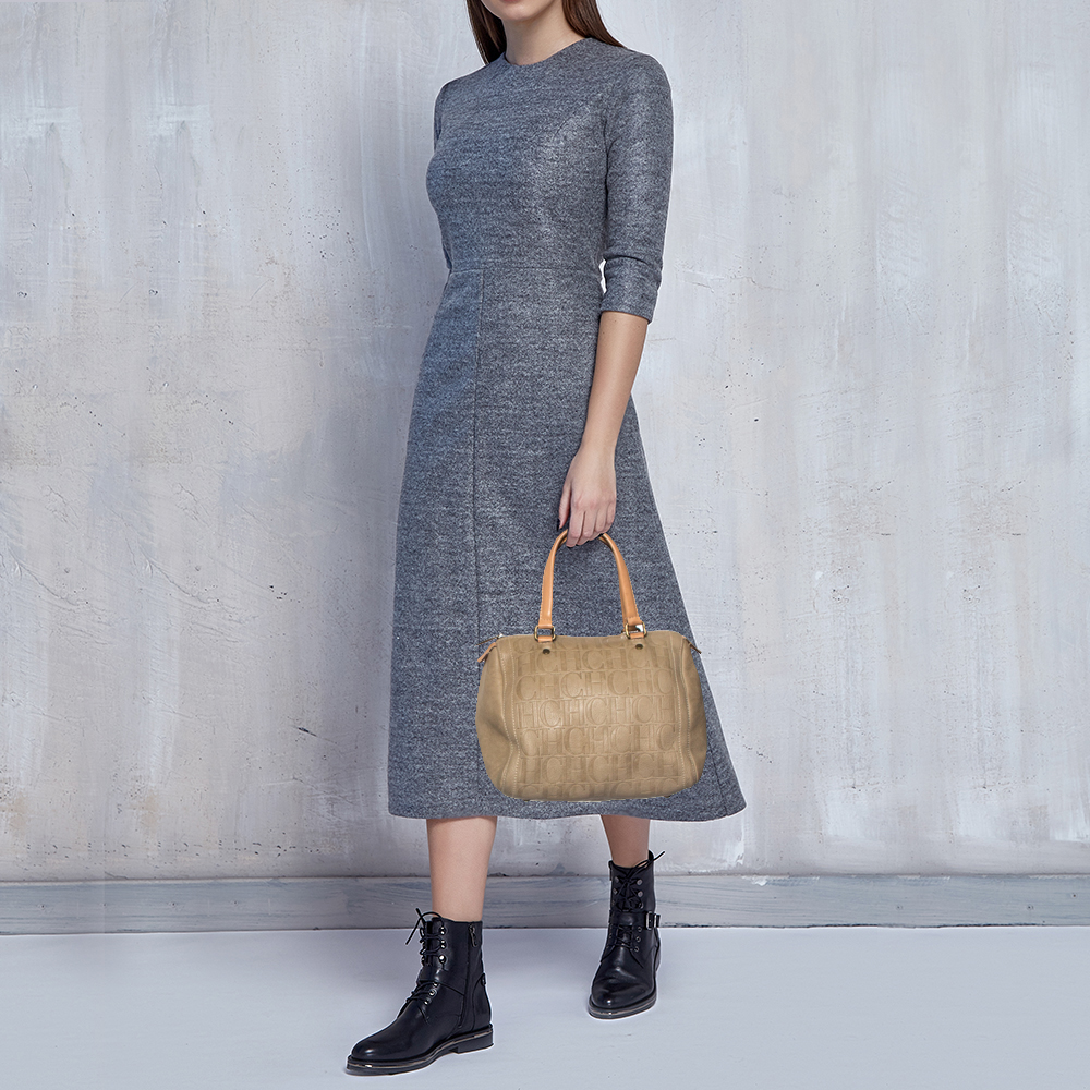 

Carolina Herrera Beige Monogram Embossed Leather Andy Boston Bag
