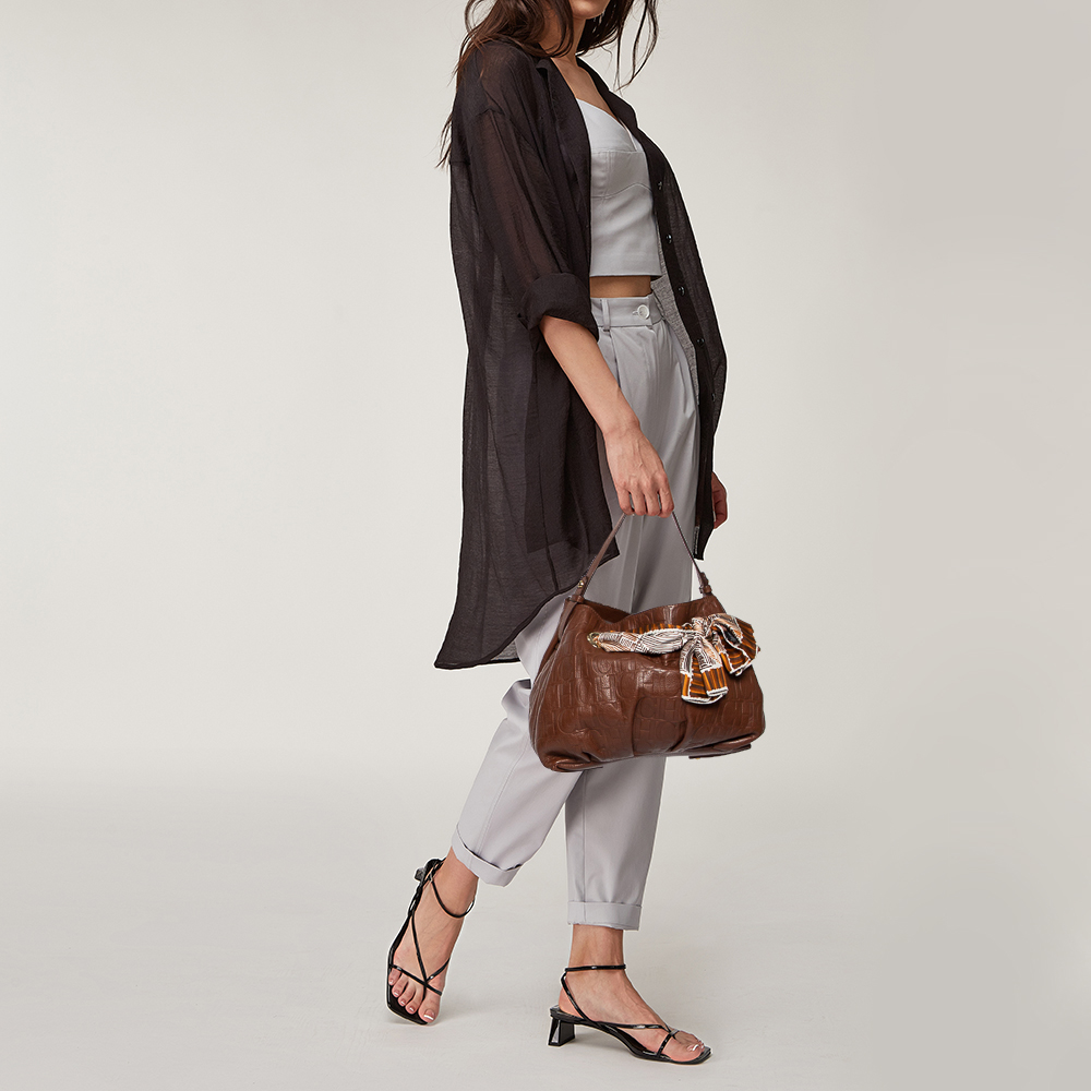 

Carolina Herrera Brown Monogram Embossed Leather Scarf Hobo