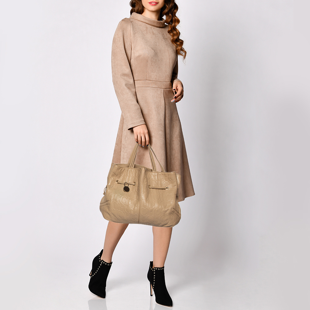 

Carolina Herrera Beige Monogram Embossed Leather Drawstring Tote