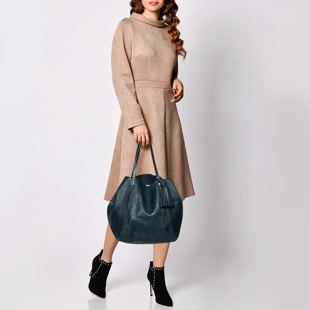 

Carolina Herrera Teal Green Monogram Leather Matryoshka Tote