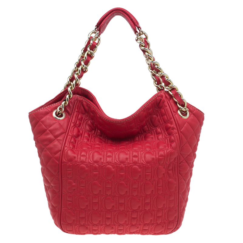 Pre Owned Carolina Herrera Red Quilted Monogram Leather Hobo